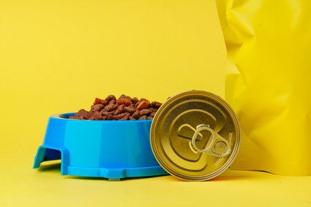Cat food on yellow background studio shotの写真素材