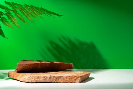 Stone display for product against green backgroundの写真素材