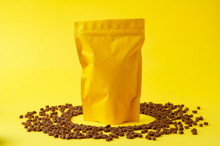 Cat food on yellow background studio shotの写真素材