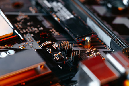 Computer part circuit board close up photoの写真素材