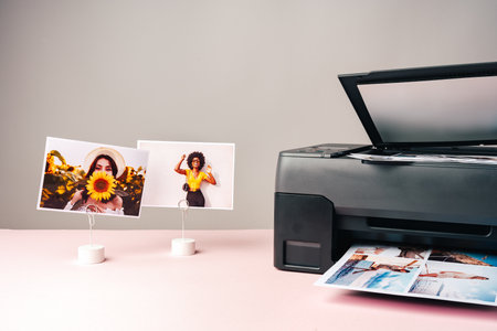Modern laser printer printing color photos of women close up