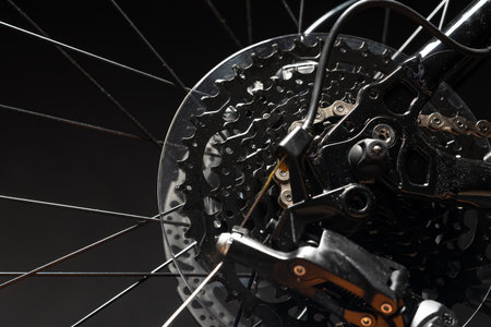 New bicycle chain part close up on black background