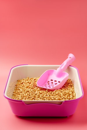 Pet litter box with bio filler on pink backgroundの写真素材