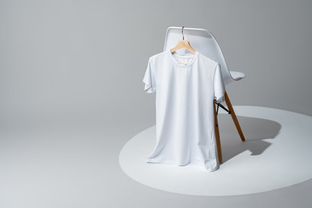 White blank t-shirt hanging on chair in empty roomの写真素材