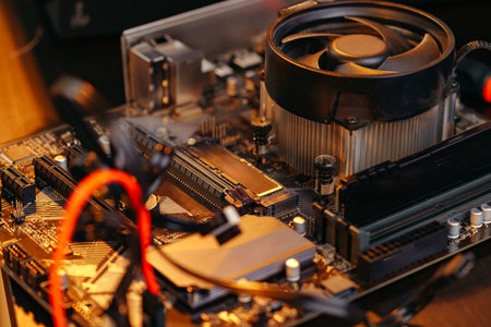 Computer part circuit board close up photoの写真素材