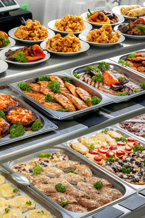 Display with fresh cooked food in a canteenの写真素材