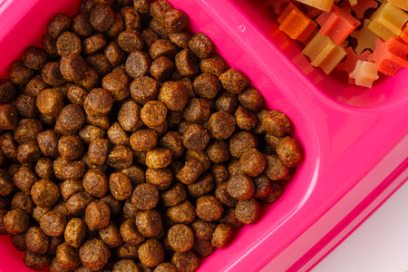 Dry pet food granules for background top view