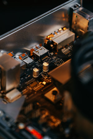 Computer part circuit board close up photoの写真素材