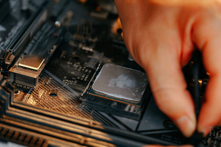 Male hands repairing computer hardware close upの写真素材