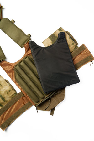 Camouflage bulletproof vest isolated on white background