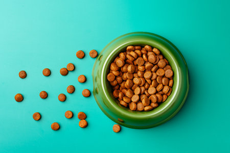 Bowl of dry pet food on green backgroundの写真素材