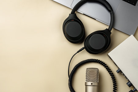 Headphones and microphone on the table close upの写真素材