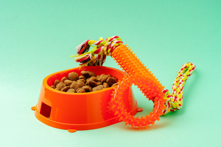 Dry pet food in bowl on color backgroundの写真素材