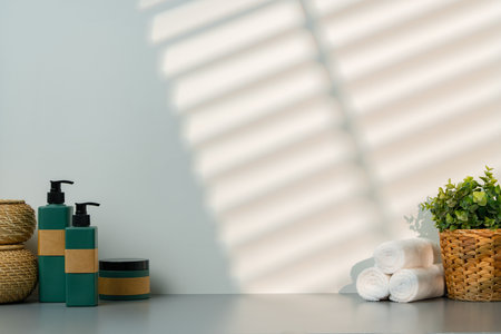 Soap dispenser and spa towels on white background in shadowの写真素材