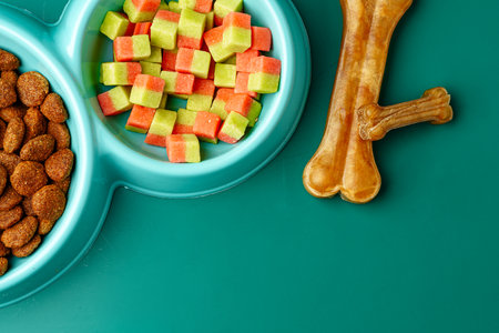 Bowl of dry pet food on green backgroundの写真素材