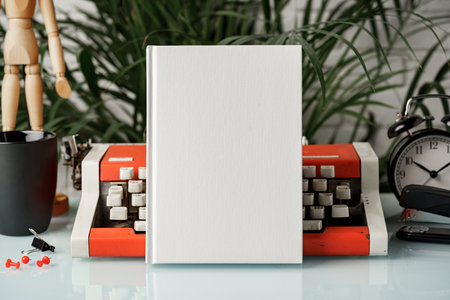 Hardcover book and vintage typewriter on white deskの写真素材