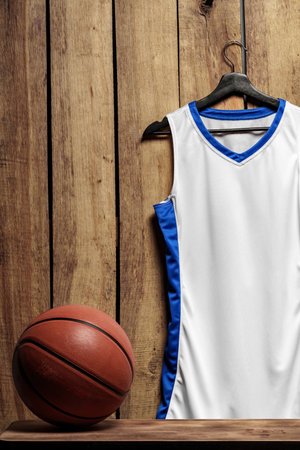 Basketball jersey on hanger against wooden backgroundの写真素材