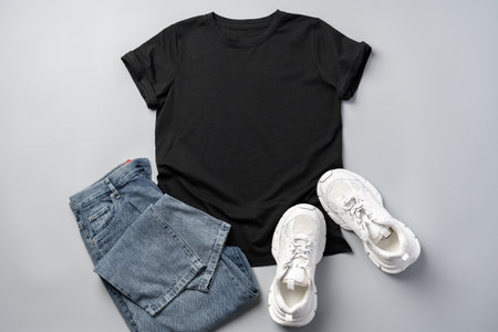 T-shirt, jeans and white sneakers on gray background top view