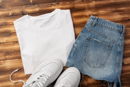Cotton T-shirt, jeans and sneakers on wooden background top viewの写真素材