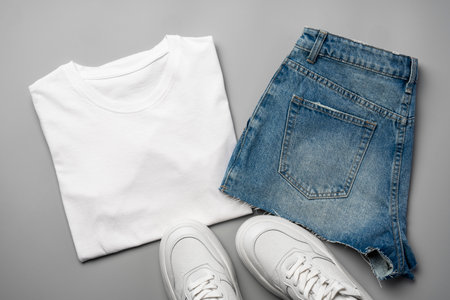 T-shirt, jeans and white sneakers on gray background top viewの写真素材