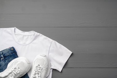 T-shirt, jeans and white sneakers on gray background top viewの写真素材