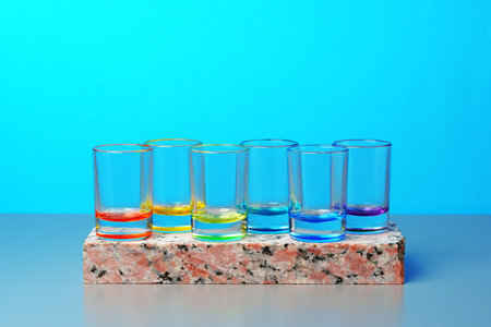 Set of colored vodka glasses on blue backgroundの写真素材