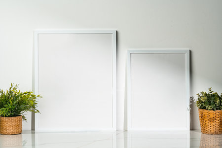 Potted plant and blank picture frame against white wall