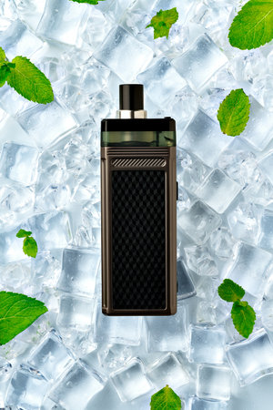 Disposable electronic cigarette on ice cubes backgroundの写真素材