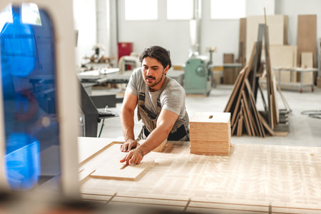 Young man doing woodwork in carpentry factory