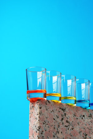 Set of colored vodka glasses on blue backgroundの写真素材