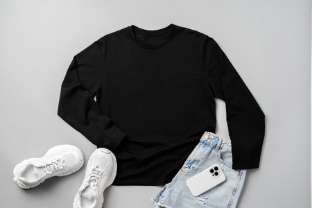 T-shirt, jeans and white sneakers on gray background top view