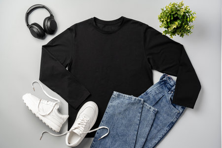 T-shirt, jeans and white sneakers on gray background top viewの写真素材