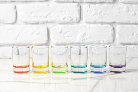 Set of colored vodka glasses against white brick wallの写真素材