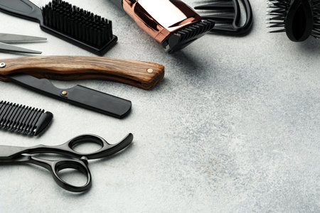 Hairdressing tools set on light gray backgroundの写真素材