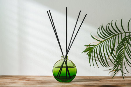 Aromatic Reed Diffuser on Wooden Table With Vibrant Green Leaves Against White Background