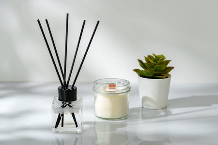 Elegant Home Fragrance Reed Diffuser Displayed Beside Scented Candles and Succulentsの写真素材