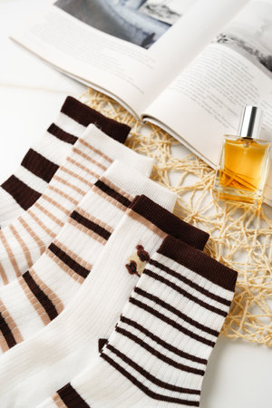 Composition with stylish socks on white backgroundの写真素材