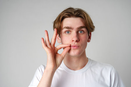 Young Man Performing Hand Gesture Near Face Against Plain Backgroundの写真素材
