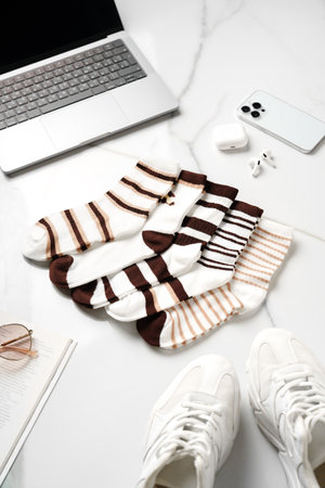 Composition with stylish socks on white backgroundの写真素材