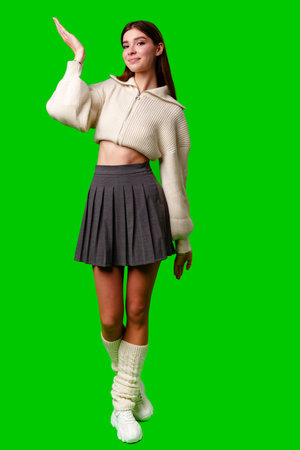 Woman in Skirt and Sweater Posing for Cameraの写真素材