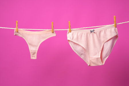 Female panties hanging on rope against pink studio background
