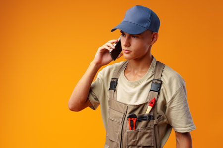 Young builder talking on a mobile phone against yellow backgroundの写真素材