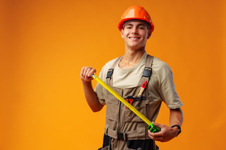 Young male builder holding measuring roulette against yellow background