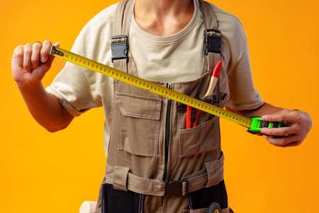 Close up of builder holding measuring roulette against yellow background in studio