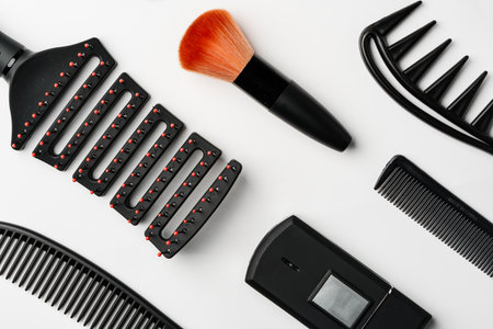 Pattern of various shaving and bauty care accessories for men on gray backgroundの写真素材