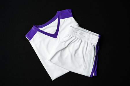 White and Purple Athletic Tank Top Laid Flat on Black Backgroundの写真素材