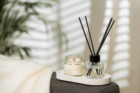 Aroma diffuser bottle with sticks in living room
