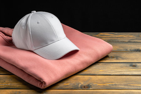 Trainers and baseball cap on wooden backgroundの写真素材