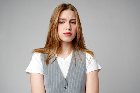 Young Woman Wearing Gray Suit and White Shirtの写真素材