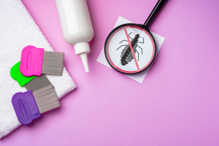 Anti lice combs and towel on pink backgroundの写真素材